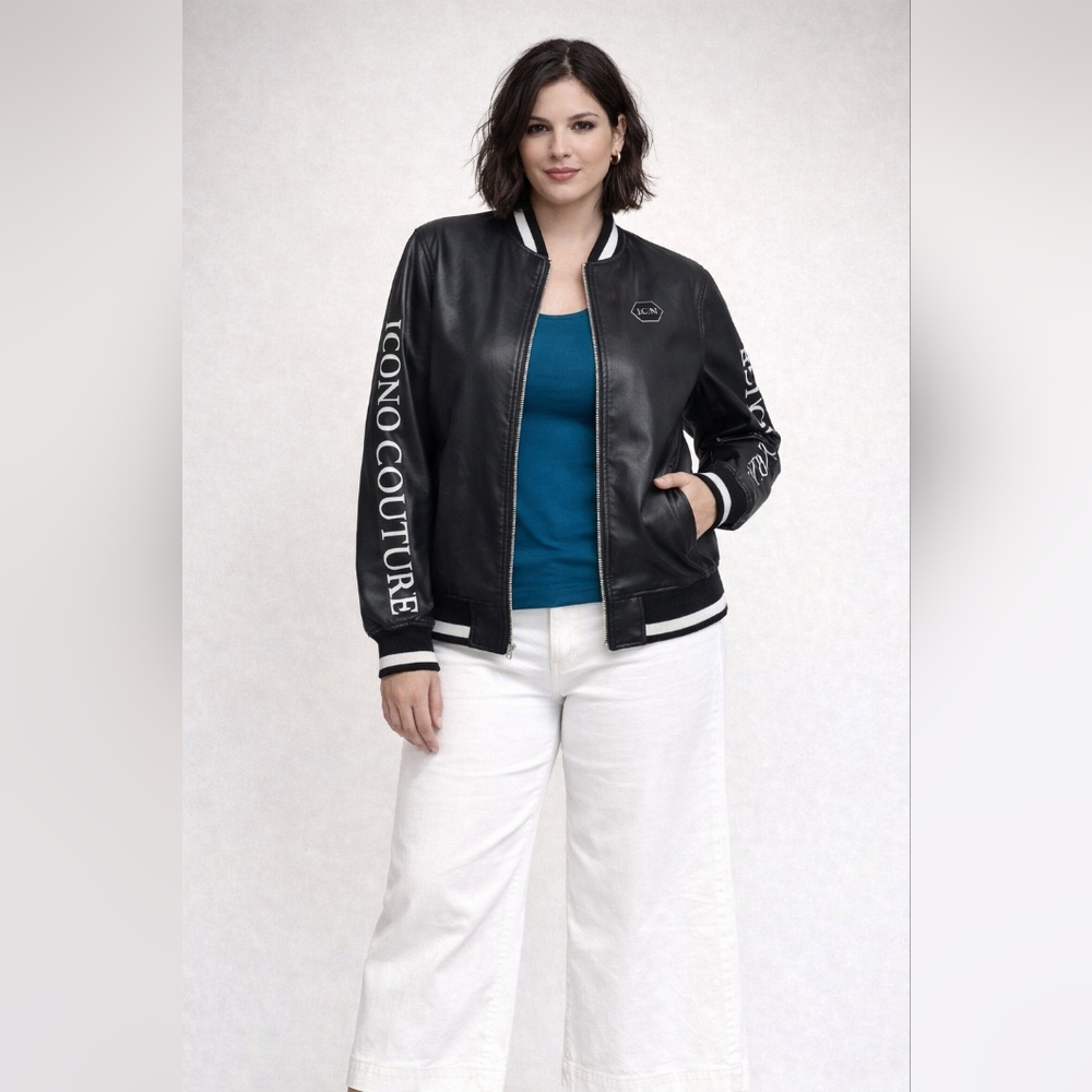 Black Bomber Style Jacket Vegan Leather Zip Up